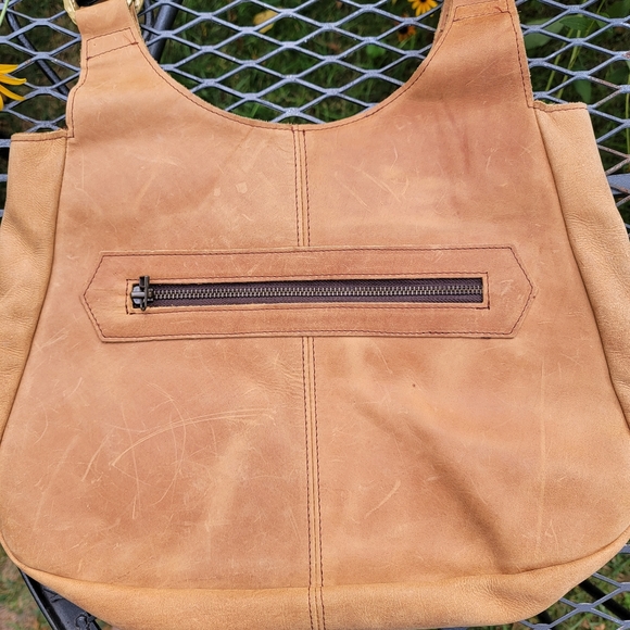 Boho Tan Leather Hobo Shoulder Tote Purse - Picture 3 of 10